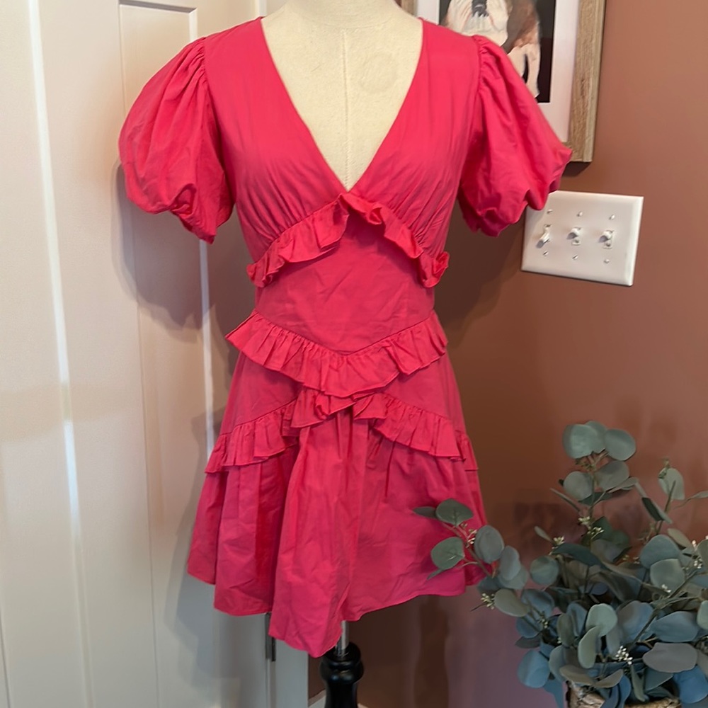 DO + BE hot pink puff sleeves ruffled V-neck zipper mini S cotton blend dress